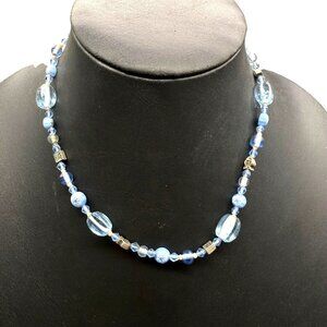 Precious Jewel Necklace Blue Frosted Glass Bead Fish Floral Summer 16.5-18 Inche